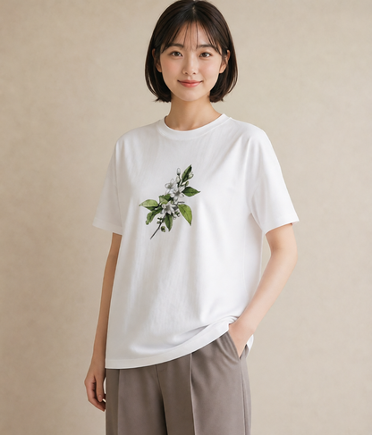 半袖Tシャツ レディース 金木犀 花 花柄 イラスト 手描き風 自分用 ルームウェア 白T