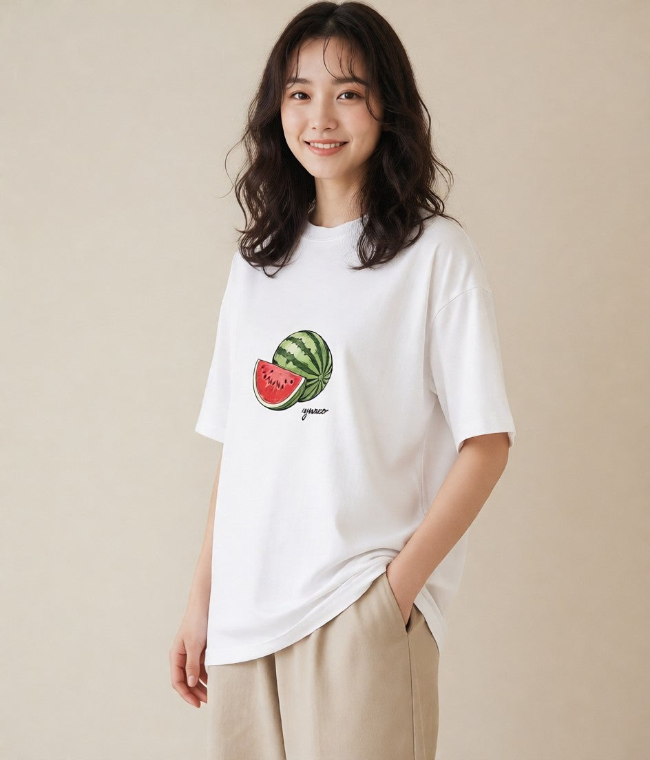 デザインTシャツ レディース すいか 食べ物 フード イラスト 可愛い 週末コーデ 敬老の日 白T YMAZO