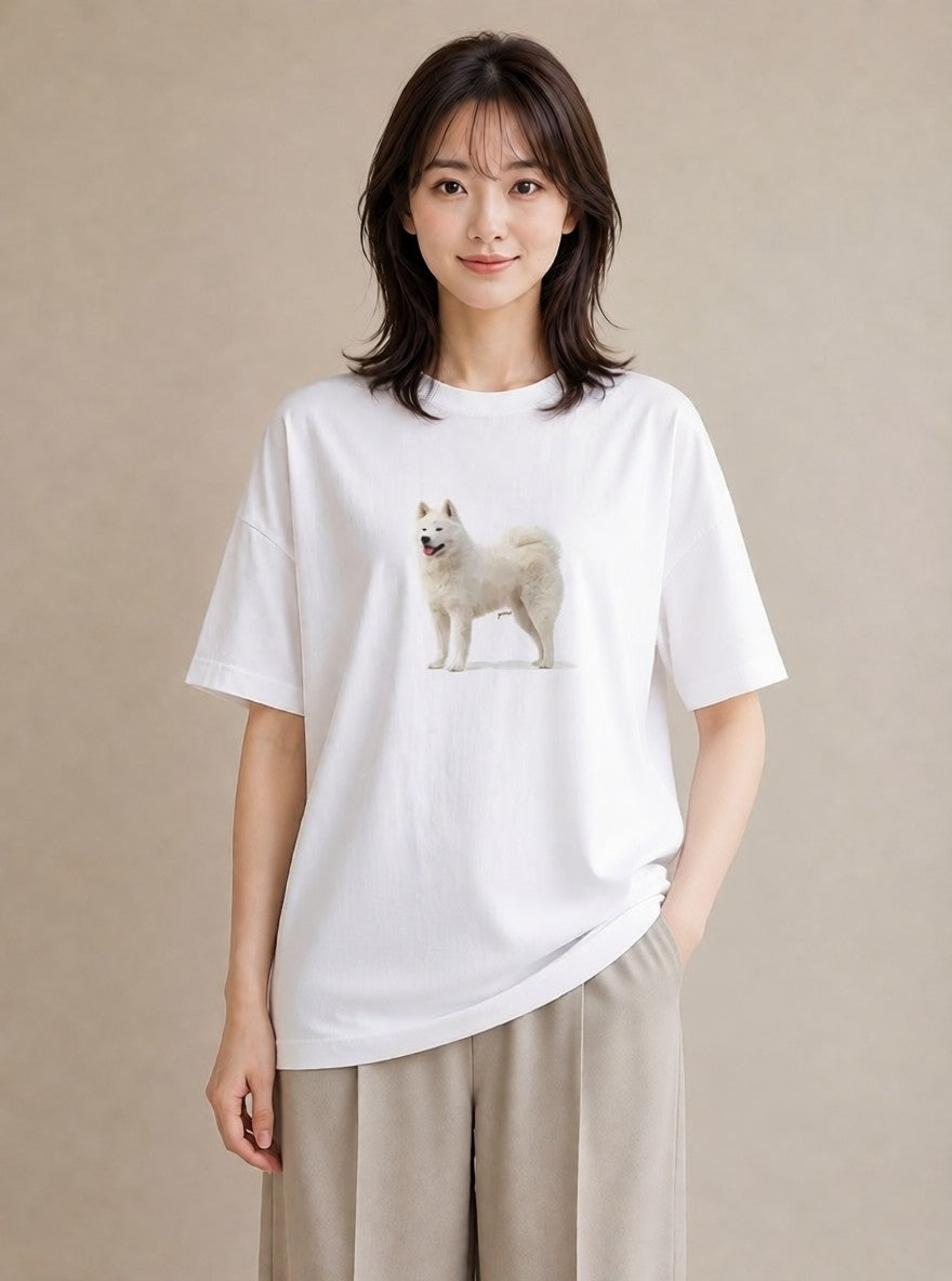 デザインTシャツ レディース サモエド 犬 いぬ イラスト こなれ感 カフェ服 クリスマス 白T YMAZO