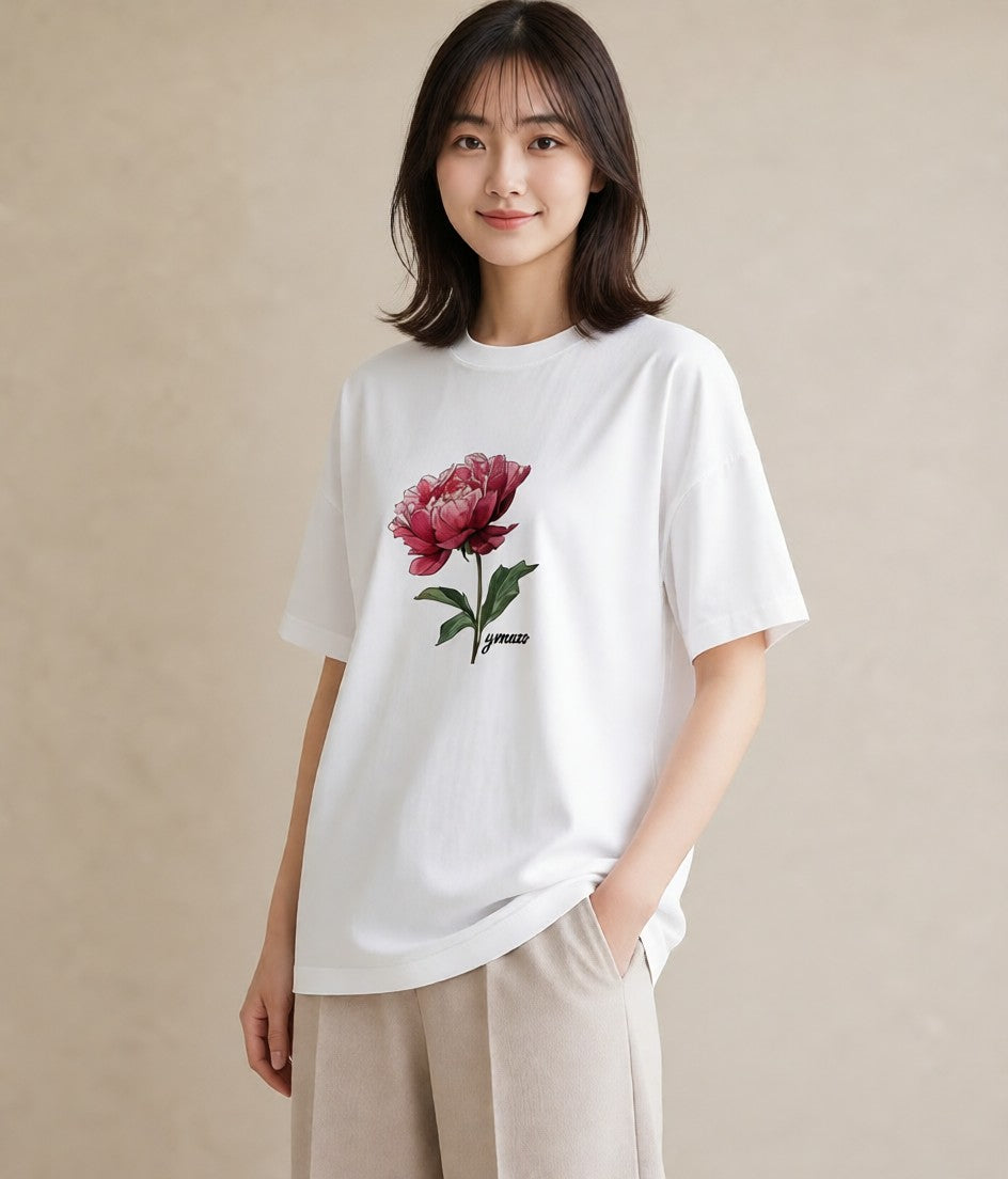 プリントTシャツ レディース 牡丹 花 花柄 イラスト 休日コーデ 部屋着 女性向けギフト 白T