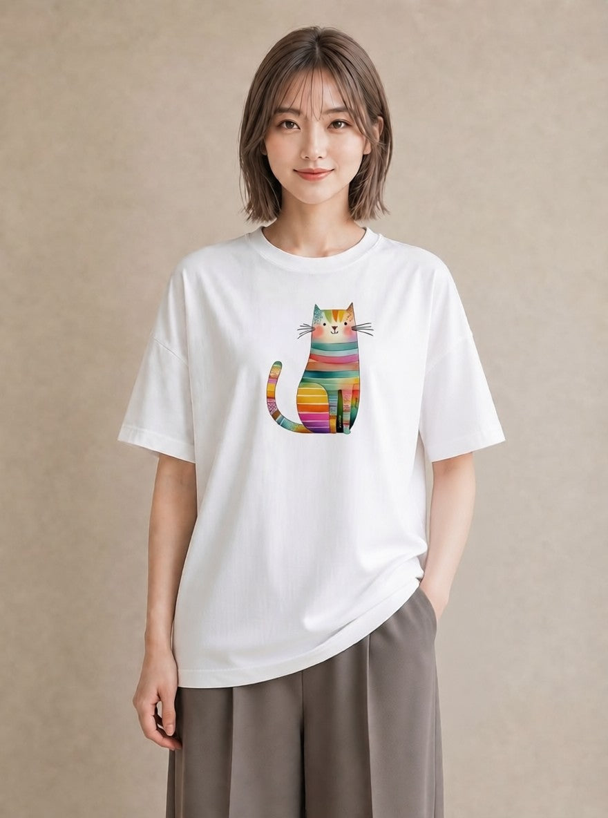 半袖Tシャツ レディース 猫好き 猫 ねこ イラスト 線画 休日 ペアコーデ 白T YMAZO