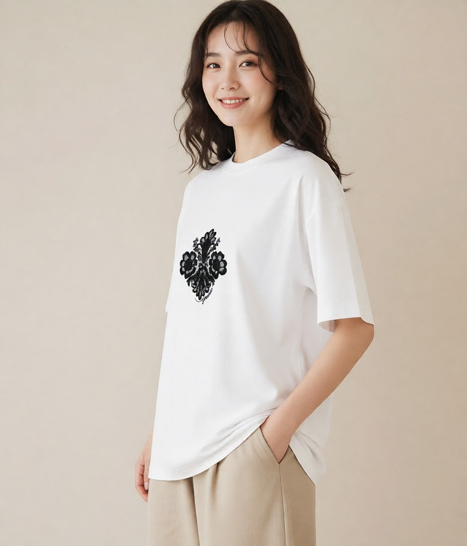 プリントTシャツ レディース レースハンカチ レース ハンカチ ナチュラル アンティーク イラスト ラフカジュアル ミセス 春コーデ 白T YMAZO