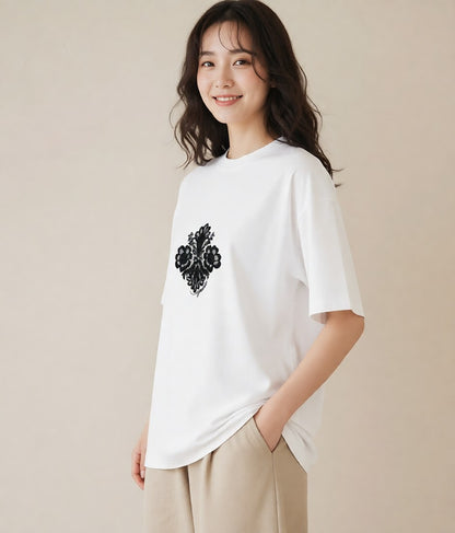 プリントTシャツ レディース レースハンカチ レース ハンカチ ナチュラル アンティーク イラスト ラフカジュアル ミセス 春コーデ 白T YMAZO