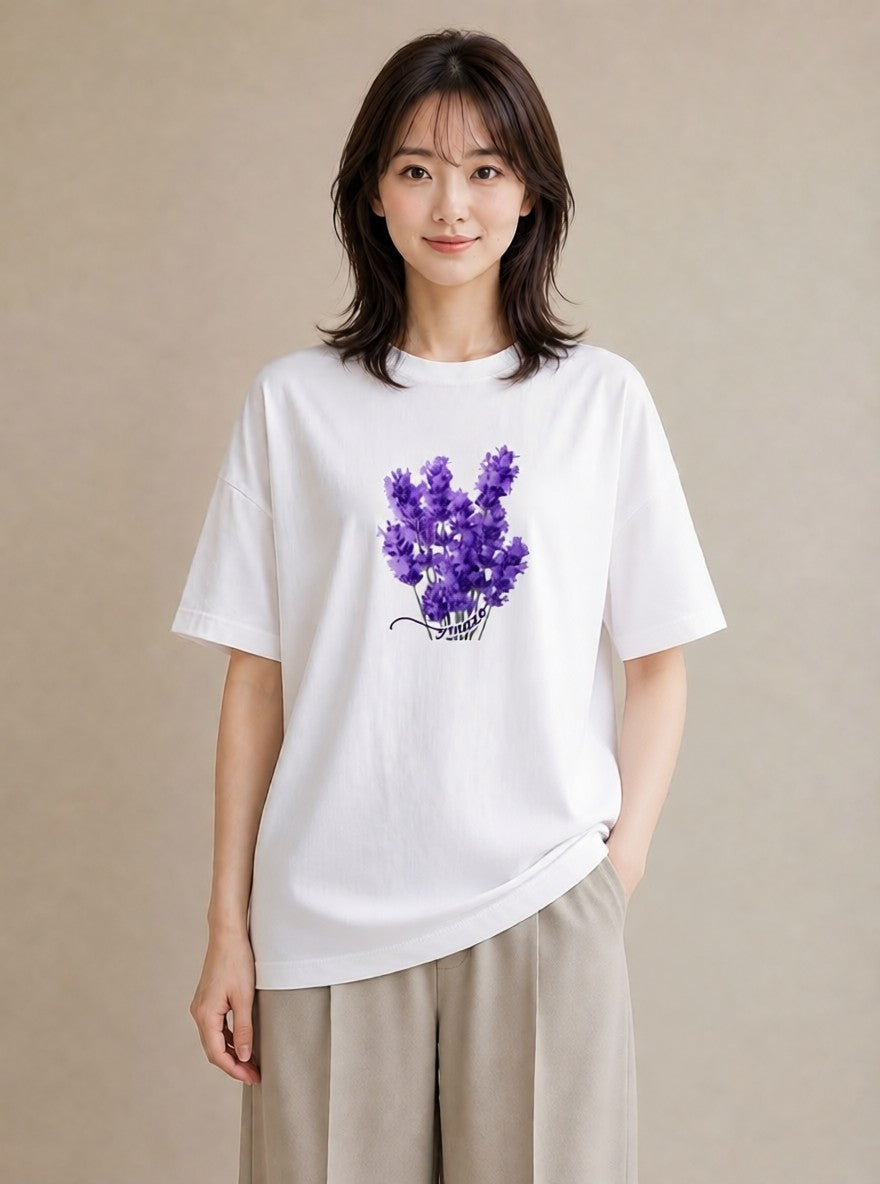 半袖Tシャツ レディース ラベンダー 花 花柄 イラスト 韓国風 誕生日プレゼント 綿100 白T YMAZO