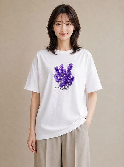 半袖Tシャツ レディース ラベンダー 花 花柄 イラスト 韓国風 誕生日プレゼント 綿100 白T YMAZO