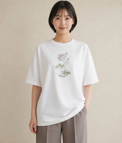 半袖Tシャツ レディース バラ 薔薇 ローズ 花 花柄 イラスト 可愛い デイリーウェア 休日 白T YMAZO