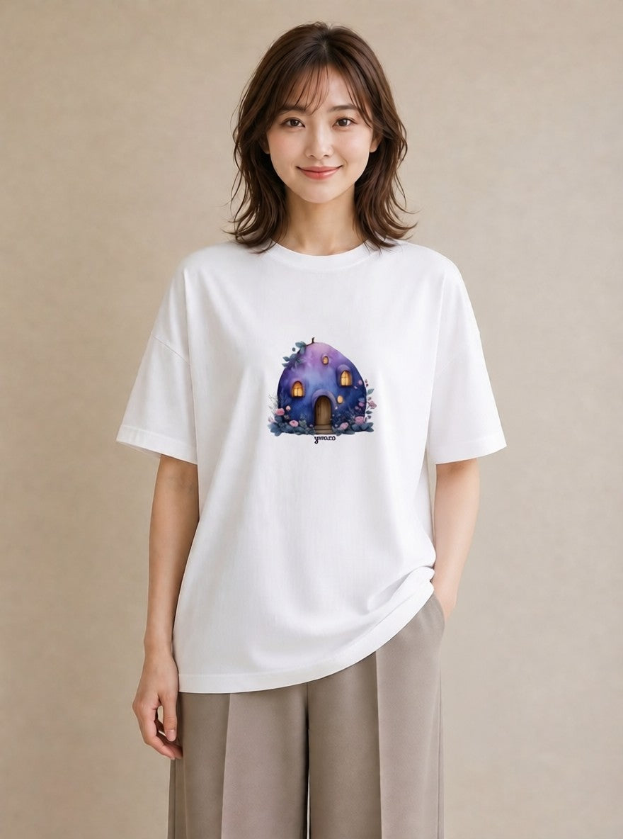グラフィックTシャツ レディース 灯りの家 小屋 夜 ナチュラル アンティーク イラスト ボタニカル 誕生日プレゼント 綿100 白T YMAZO