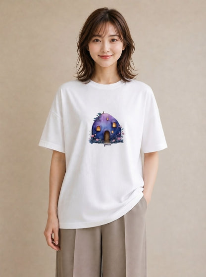 グラフィックTシャツ レディース 灯りの家 小屋 夜 ナチュラル アンティーク イラスト ボタニカル 誕生日プレゼント 綿100 白T YMAZO