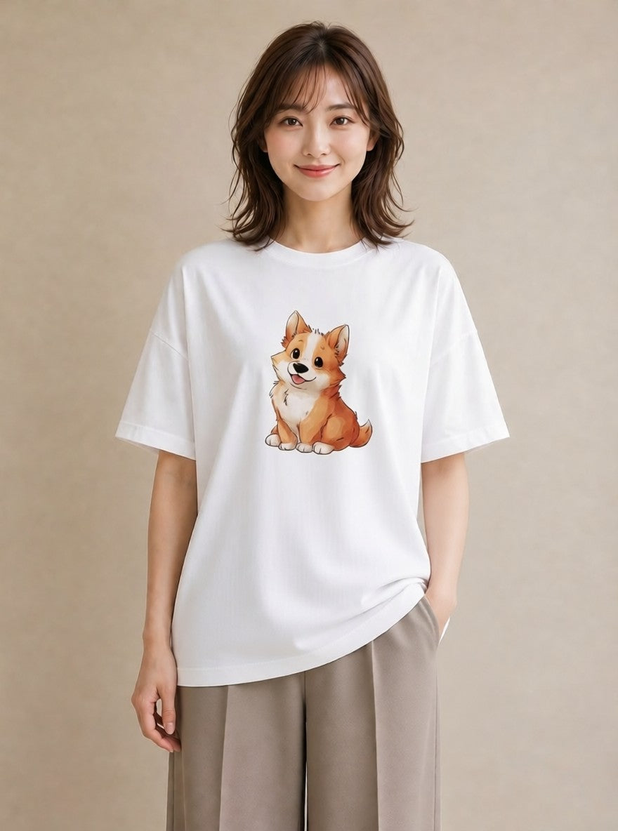 Tシャツ レディース ウェルシュコーギー コーギー 犬 いぬ イラスト シンプル デイリーウェア 休日 白T YMAZO
