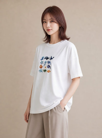 グラフィックTシャツ レディース イルカ 海の生き物 海 イラスト 北欧風 通勤 在宅 白T YMAZO