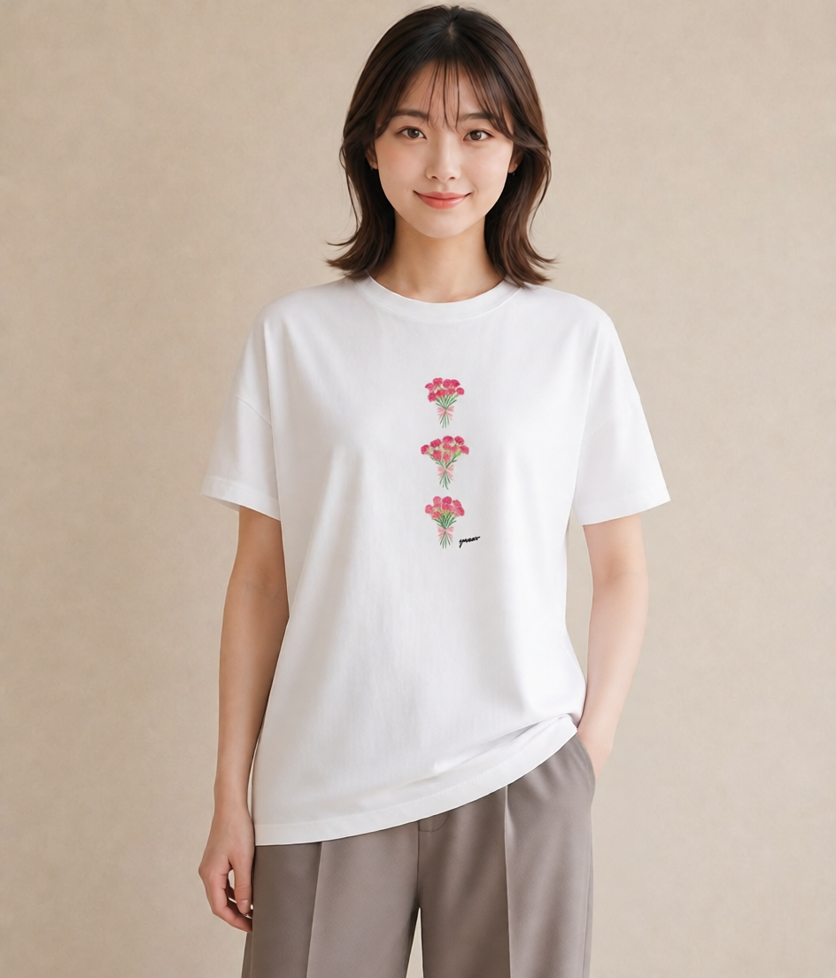 プリントTシャツ レディース カーネーション 花 花柄 イラスト カジュアル 在宅 公園 白T