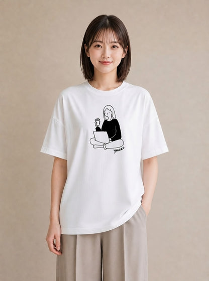 半袖Tシャツ レディース 本 読書 ブック イラスト カフェコーデ 休日 ペアコーデ 白T YMAZO