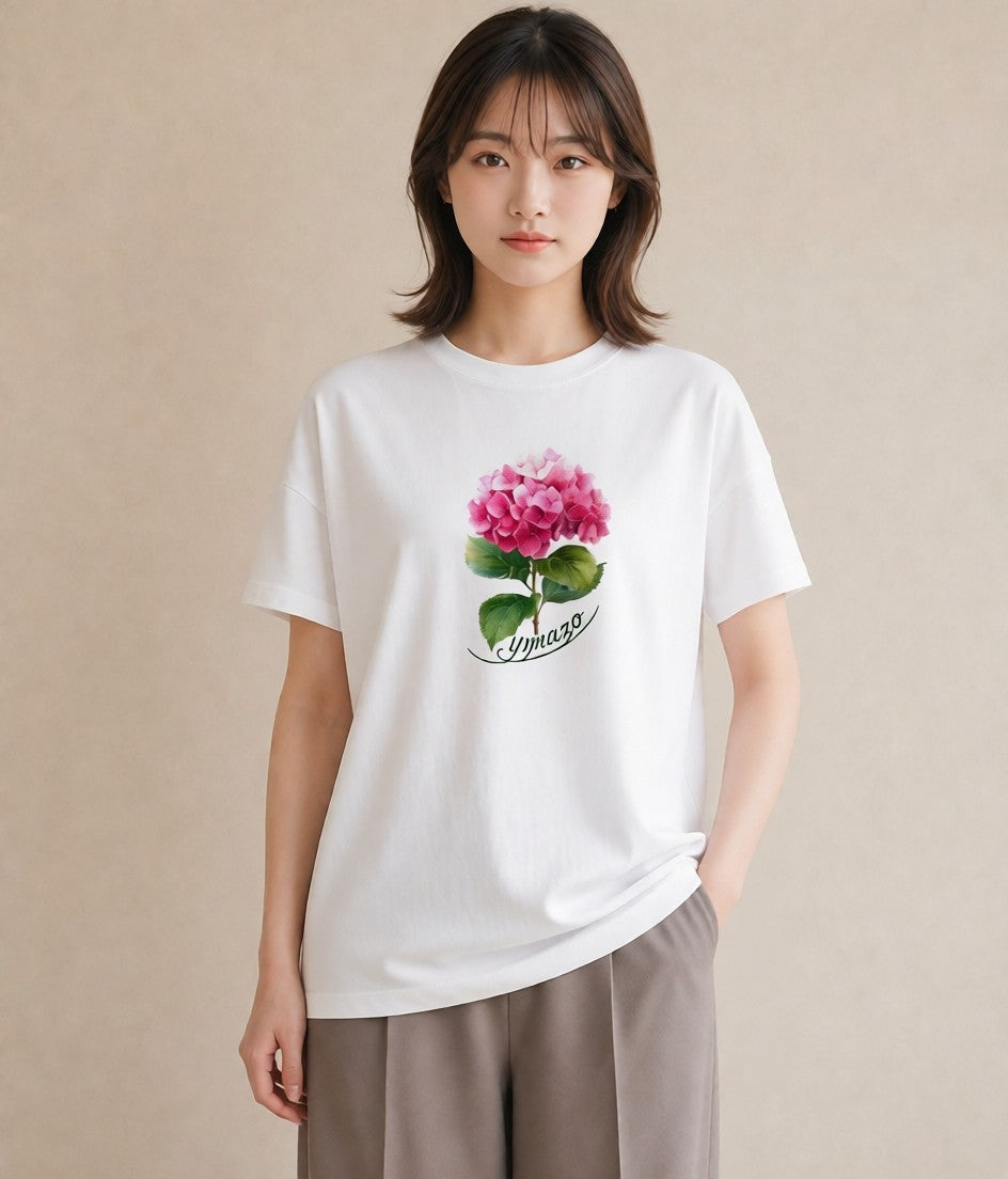 プリントTシャツ レディース あじさい 紫陽花 アジサイ 花 花柄 イラスト モード カジュアルコーデ 買い物 白T