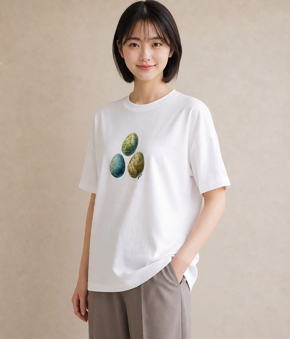 半袖Tシャツ レディース たまご 食べ物 フード イラスト ポップ デイリーウェア 休日 白T YMAZO