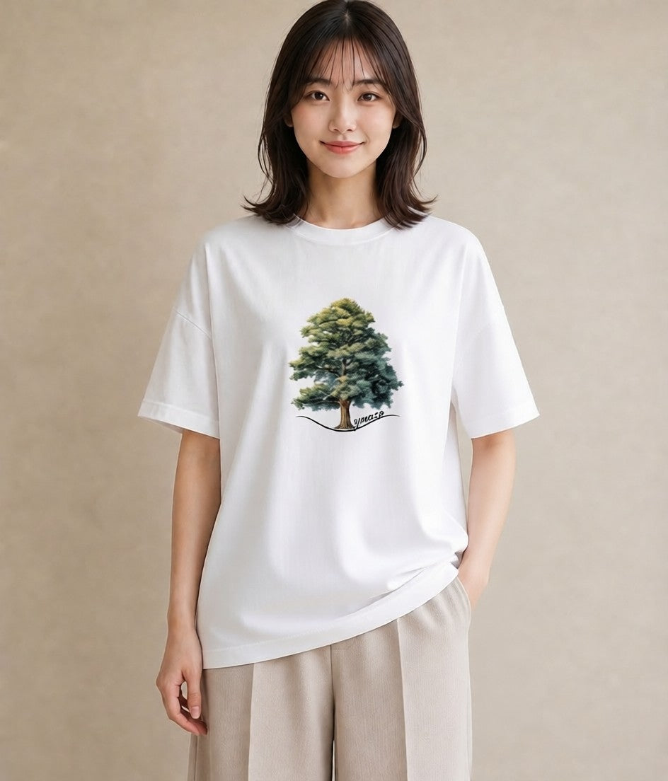 グラフィックTシャツ レディース 木 植物 ボタニカル イラスト きれいめカジュアル ホワイトデー 春服 白T YMAZO