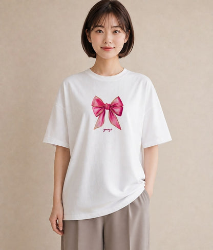 グラフィックTシャツ レディース リボン 蝶結び ナチュラル アンティーク イラスト 淡色 レイヤード 友達ギフト 白T YMAZO