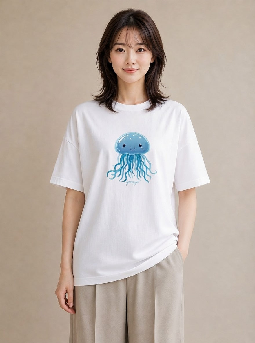 プリントTシャツ レディース くらげ クラゲ 海の生き物 海 イラスト ゆるコーデ 公園 ママ 白T YMAZO