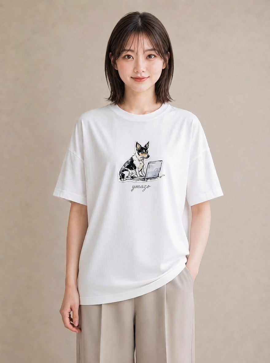 デザインTシャツ レディース 犬 いぬ イラスト シック 送別ギフト 通勤 白T YMAZO