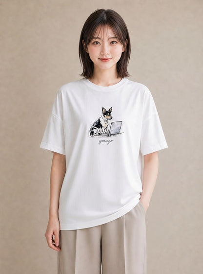 デザインTシャツ レディース 犬 いぬ イラスト シック 送別ギフト 通勤 白T YMAZO