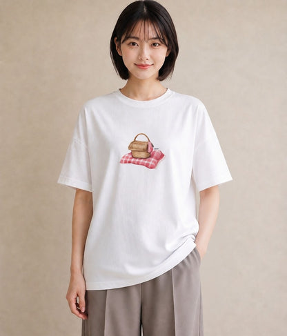 プリントTシャツ レディース 自転車のかご 自転車 花かご ナチュラル アンティーク イラスト ラフ 休日 ペアコーデ 白T YMAZO