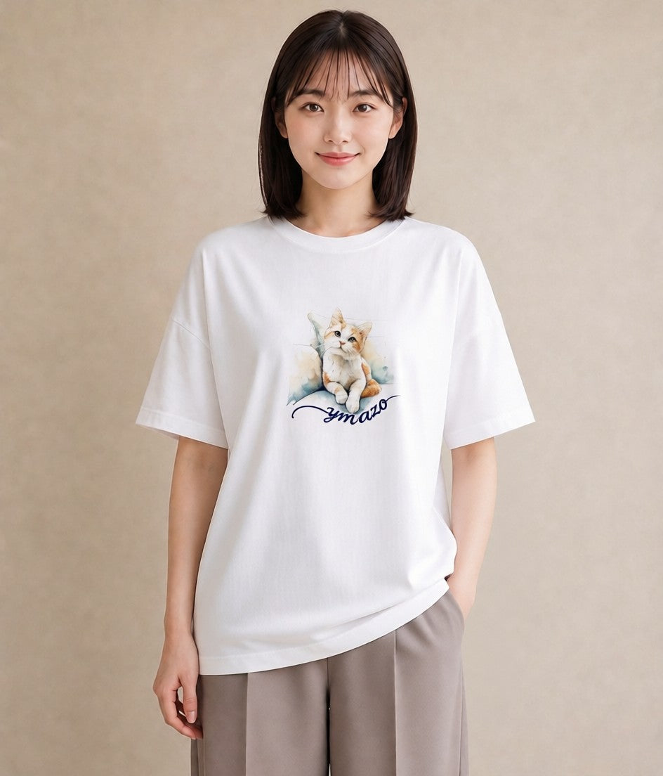 グラフィックTシャツ レディース ぶち猫 猫 ねこ イラスト シック クリスマス 旅行 白T YMAZO