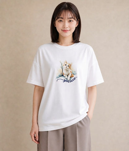 グラフィックTシャツ レディース ぶち猫 猫 ねこ イラスト シック クリスマス 旅行 白T YMAZO