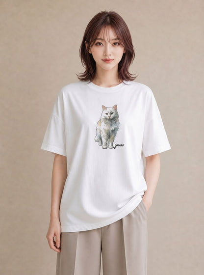 Tシャツ レディース スコティッシュフォールド 猫 ねこ イラスト 敬老の日 ホワイトデー 白T YMAZO