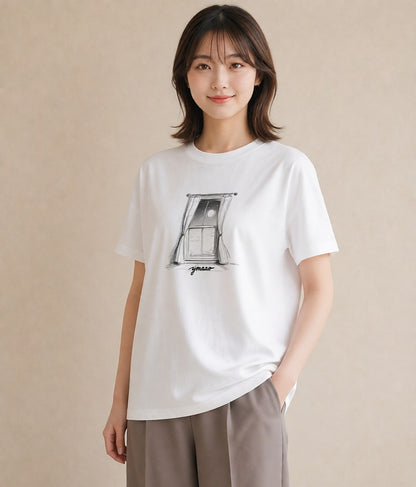 プリントTシャツ レディース 窓辺の雨 雨の日 窓 ナチュラル アンティーク イラスト ゆるコーデ 母娘コーデ 自分用 白T YMAZO