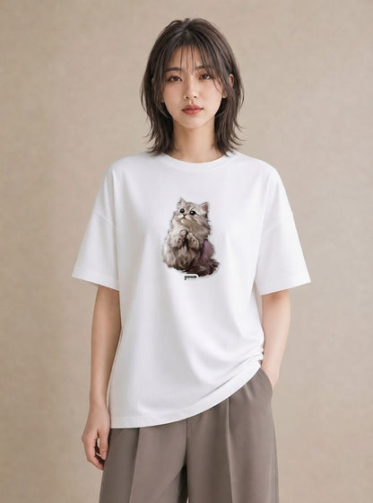 半袖Tシャツ レディース おすわり猫 猫 ねこ イラスト 手描き風 レイヤード 友達ギフト 白T YMAZO