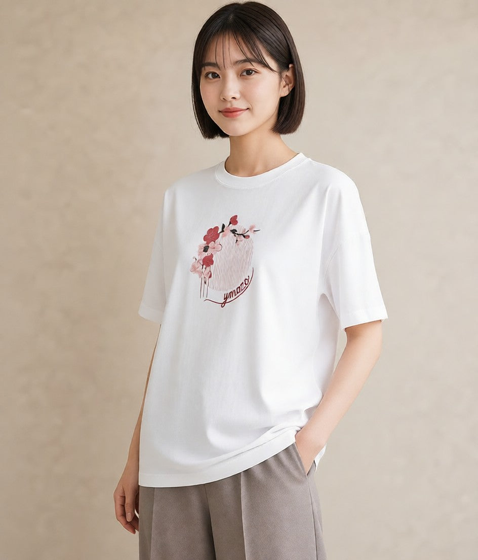 半袖Tシャツ レディース 扇子 そよ風 ナチュラル アンティーク イラスト シック 在宅 公園 白T YMAZO