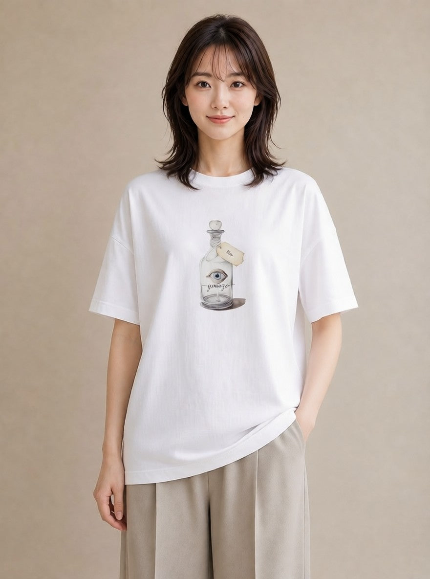 Tシャツ レディース ガラス瓶 小枝 ボタニカル ナチュラル アンティーク イラスト カジュアル 自分用 ルームウェア 白T YMAZO