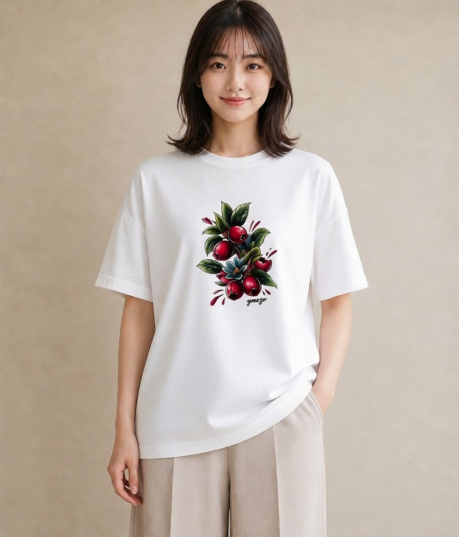 Tシャツ レディース 木の実 植物 ボタニカル イラスト ラフ お出かけ 普段着 白T YMAZO