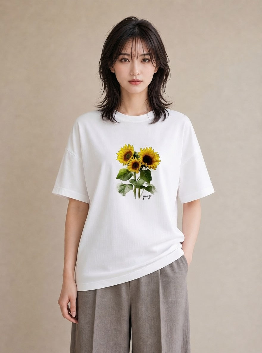 グラフィックTシャツ レディース ひまわり 向日葵 花 花柄 イラスト 手描き風 通学 誕生日プレゼント 白T YMAZO