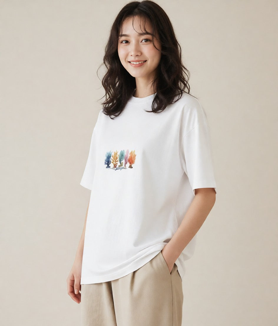 プリントTシャツ レディース サンゴ 海の生き物 海 イラスト ボタニカル ミセス 春コーデ 白T YMAZO