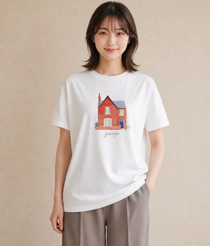 半袖Tシャツ レディース 湖畔の小屋 湖 小屋 ナチュラル アンティーク イラスト ユニーク 母の日 ビーチ 白T YMAZO