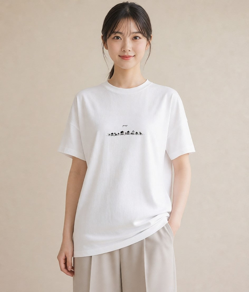 グラフィックTシャツ レディース 遠い家と鳥 風景 鳥 ナチュラル アンティーク イラスト ラフカジュアル 綿100 デート 白T YMAZO