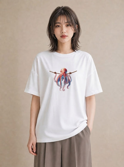 デザインTシャツ レディース イカ 海の生き物 海 イラスト ナチュラル 自分用 ルームウェア 白T YMAZO
