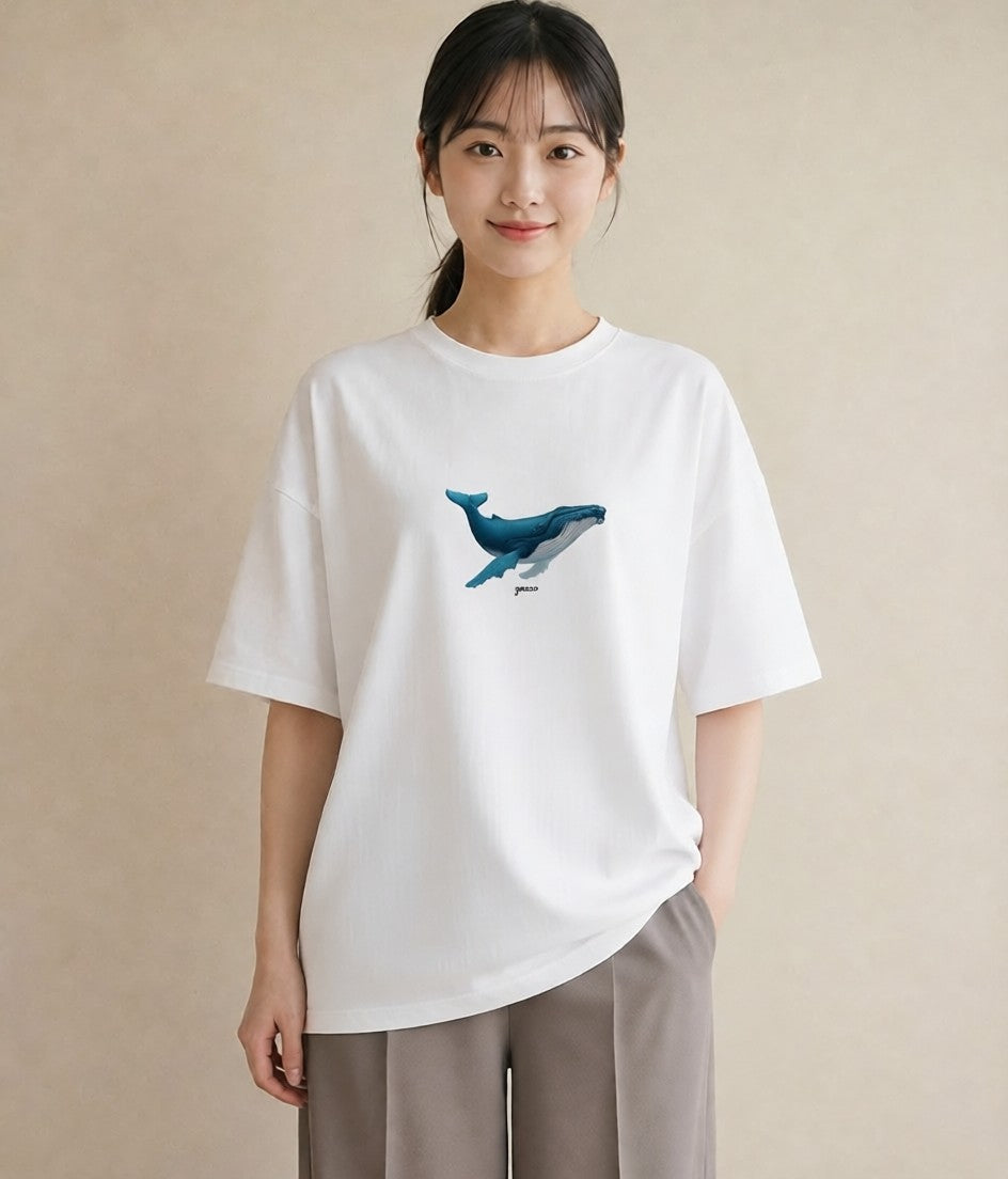 デザインTシャツ レディース クジラ 海の生き物 海 イラスト 淡色 ミセス 春コーデ 白T YMAZO