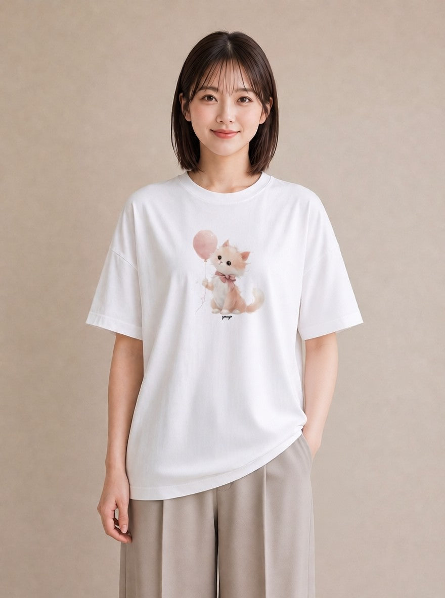 半袖Tシャツ レディース 子猫 猫 ねこ イラスト こなれ感 おしゃれギフト 社会人 白T YMAZO
