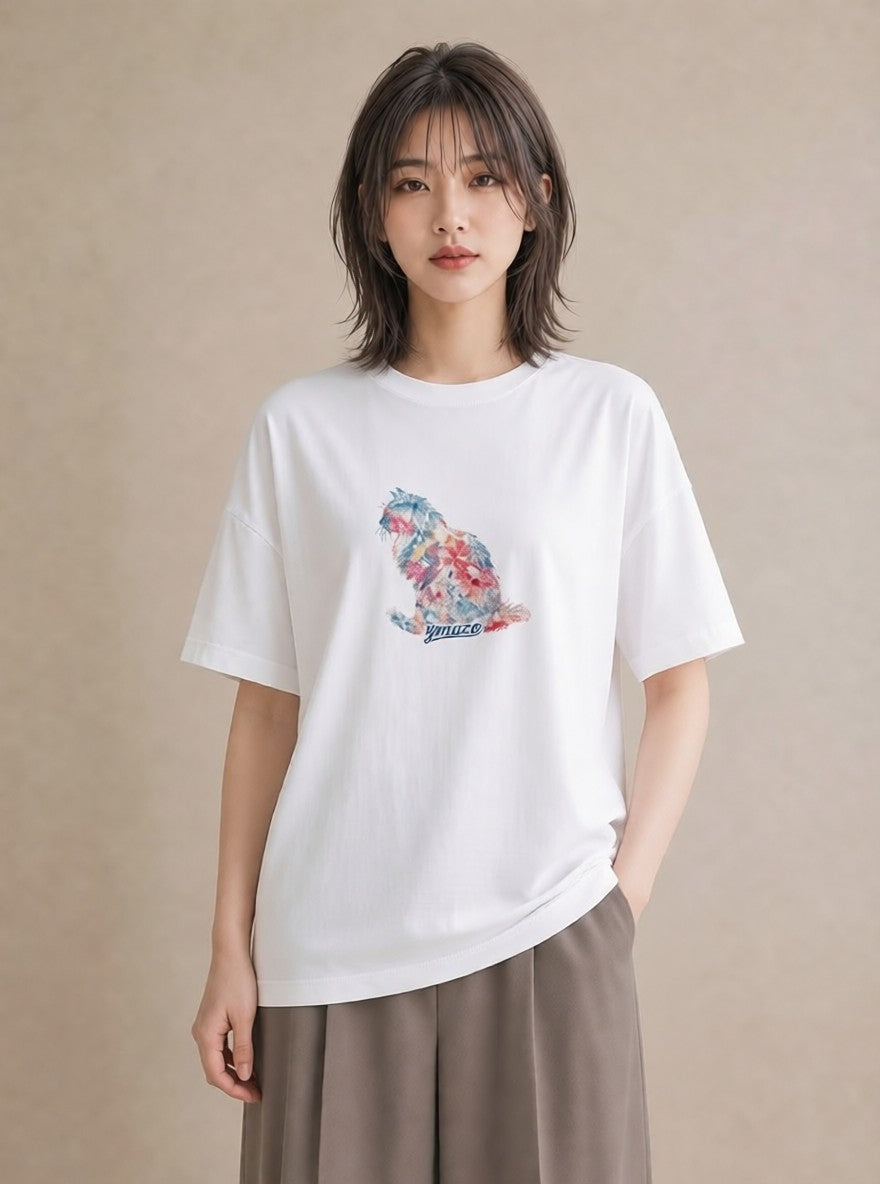 プリントTシャツ レディース シャム柄 猫 ねこ イラスト こなれ感 通勤 在宅 白T YMAZO
