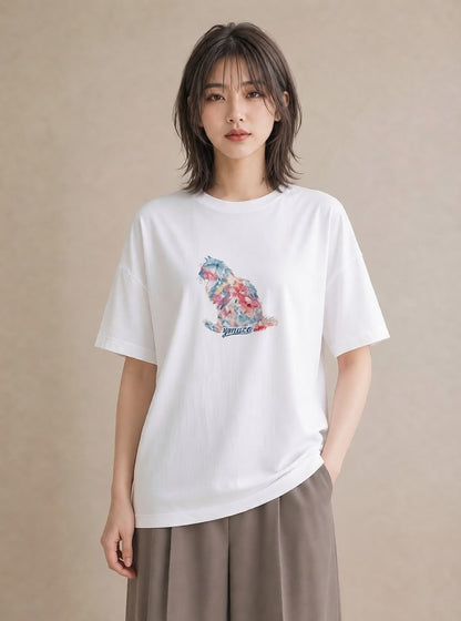 プリントTシャツ レディース シャム柄 猫 ねこ イラスト こなれ感 通勤 在宅 白T YMAZO