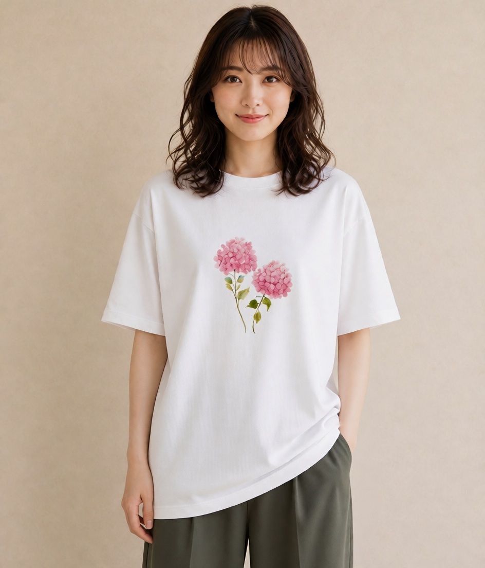 半袖Tシャツ レディース あじさい 紫陽花 アジサイ 花 花柄 イラスト アート風 ルームウェア ギフト 白T YMAZO