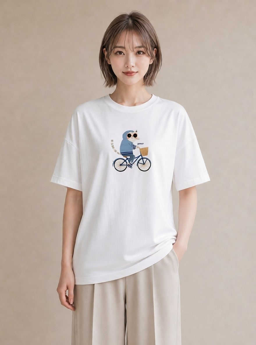 グラフィックTシャツ レディース 自転車のかご 自転車 花かご ナチュラル アンティーク イラスト ヴィンテージ風 送別ギフト 通勤 白T YMAZO