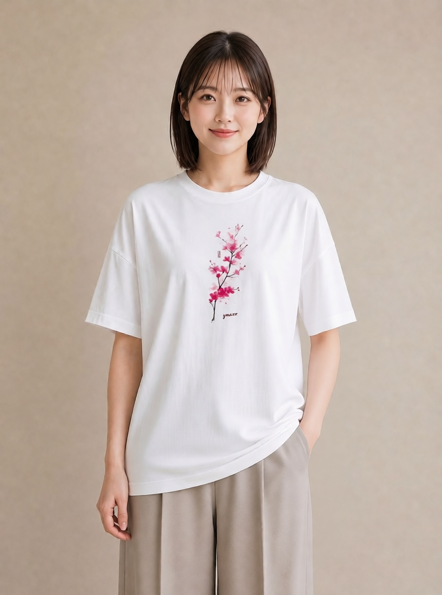 Tシャツ レディース 梅 花 花柄 イラスト レトロ 春服 ミセス 白T