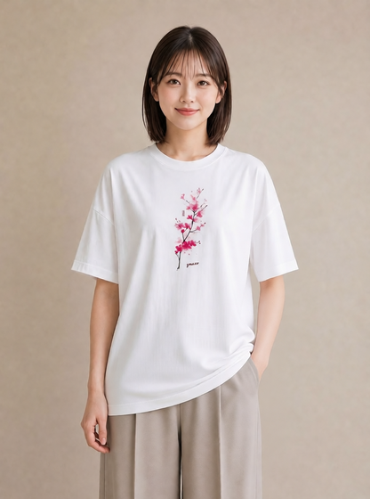 Tシャツ レディース 梅 花 花柄 イラスト レトロ 春服 ミセス 白T