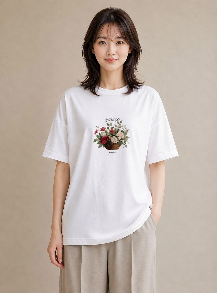 半袖Tシャツ レディース 自転車のかご 自転車 花かご ナチュラル アンティーク イラスト 抜け感 母娘コーデ 自分用 白T YMAZO