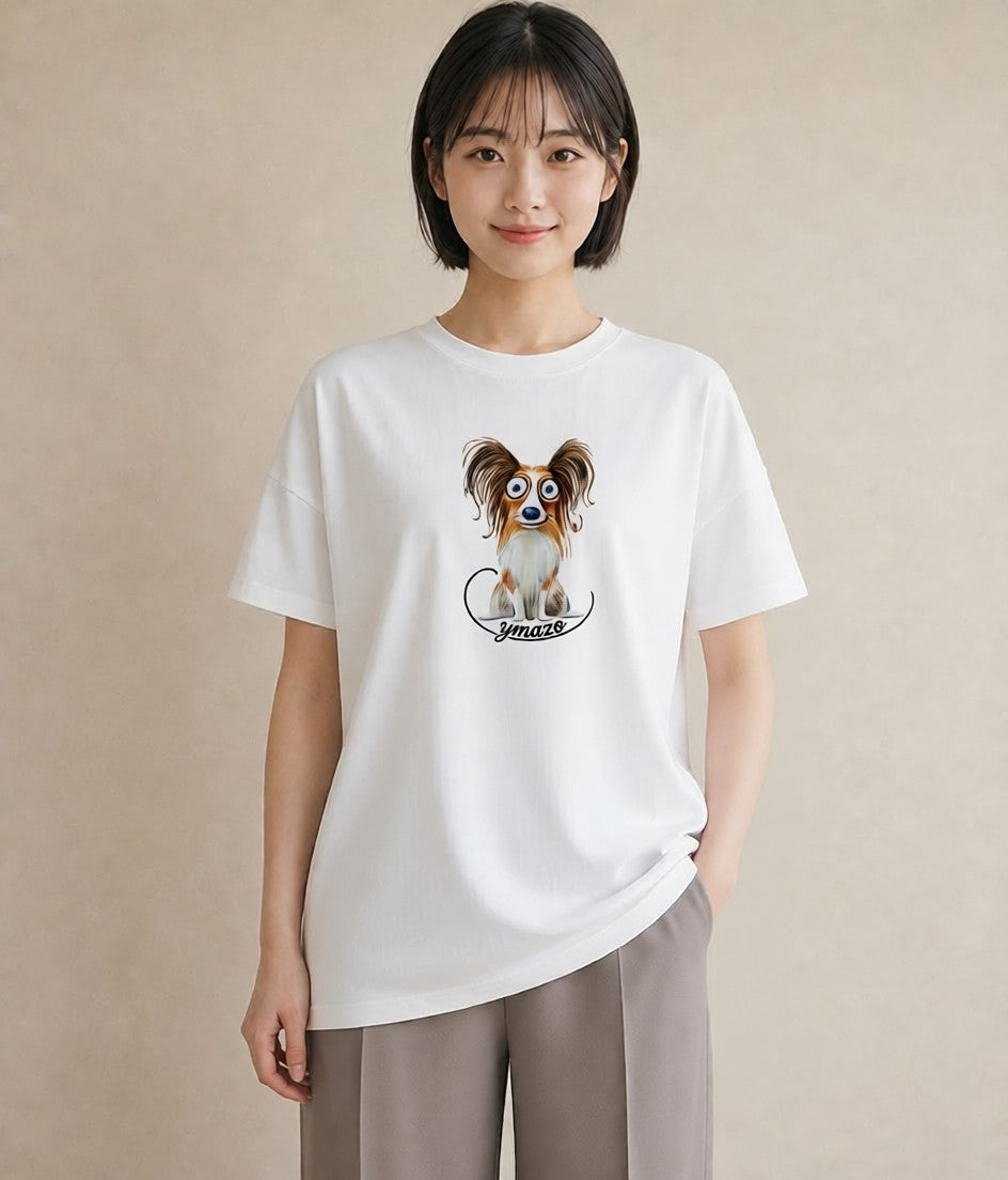 半袖Tシャツ レディース パピヨン 犬 いぬ イラスト アート風 20代 カジュアルコーデ 白T YMAZO