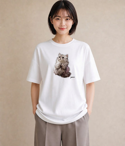半袖Tシャツ レディース スコティッシュフォールド 猫 ねこ イラスト きれいめ カフェ服 クリスマス 白T YMAZO