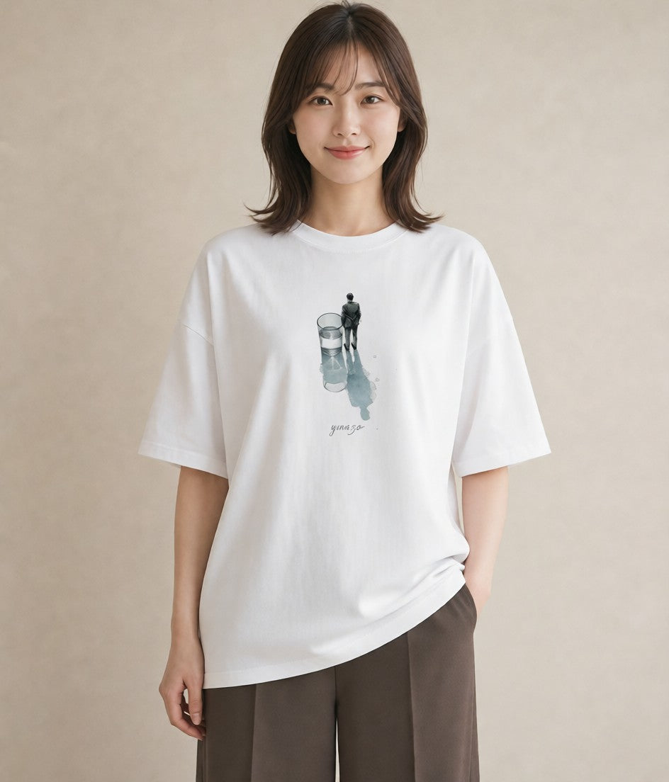 半袖Tシャツ レディース 傘 水たまり 雨 ナチュラル アンティーク イラスト 手描き風 ラフ レイヤード 白T YMAZO