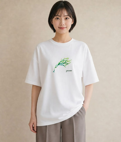 プリントTシャツ レディース 葉っぱ 植物 ボタニカル イラスト ラフカジュアル 普段着 週末コーデ 白T YMAZO